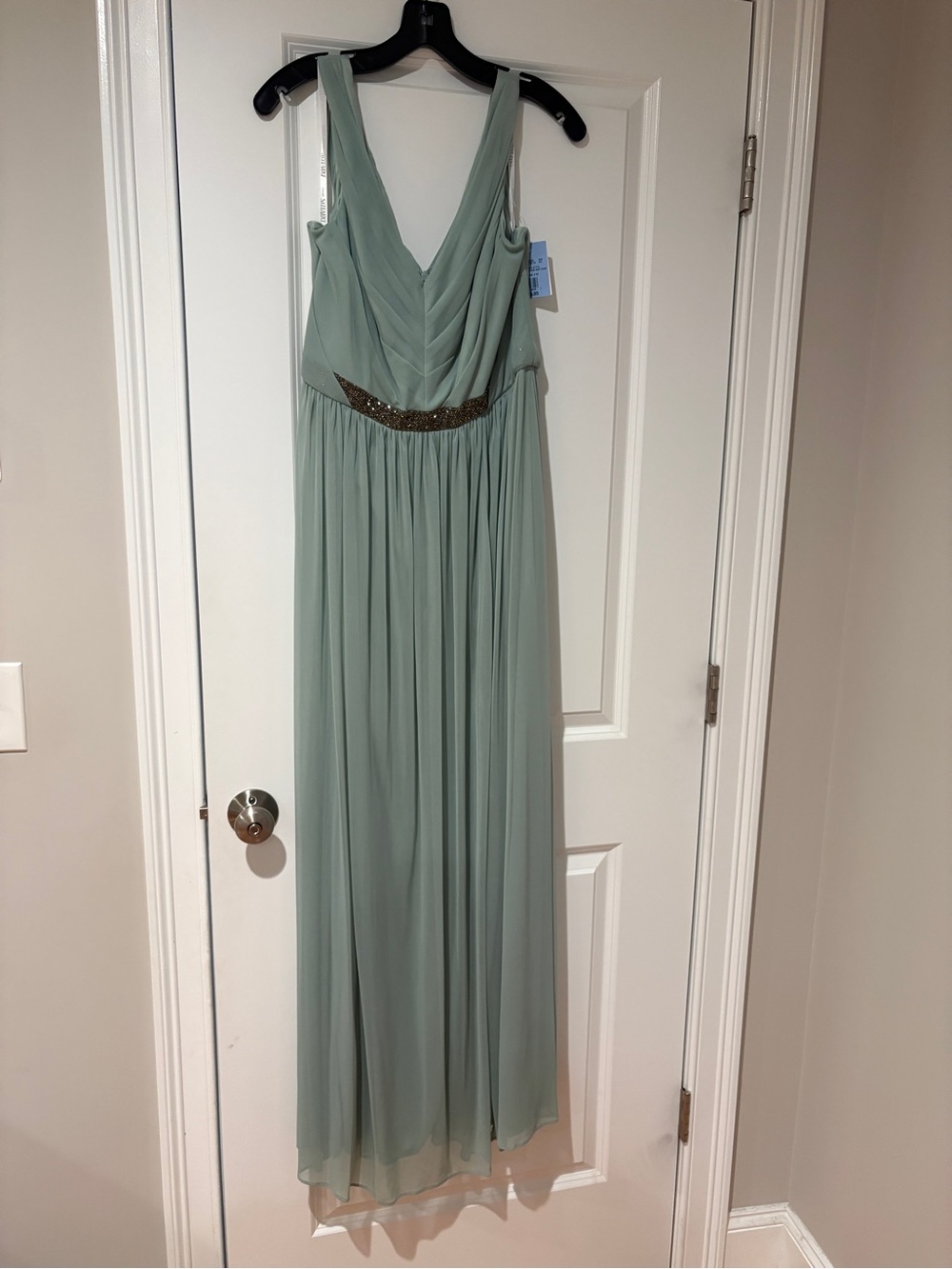 David’s Bridal Elegant Dusty Sage Green Sleeveless Maxi Dress with Beaded Waist